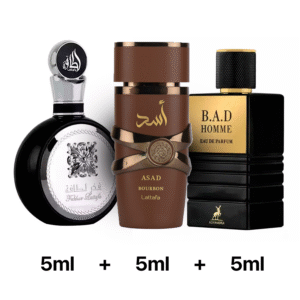 Kit 3 decantes 5ml: Asad Bourbon + Bad Homme + Fakhar Black
