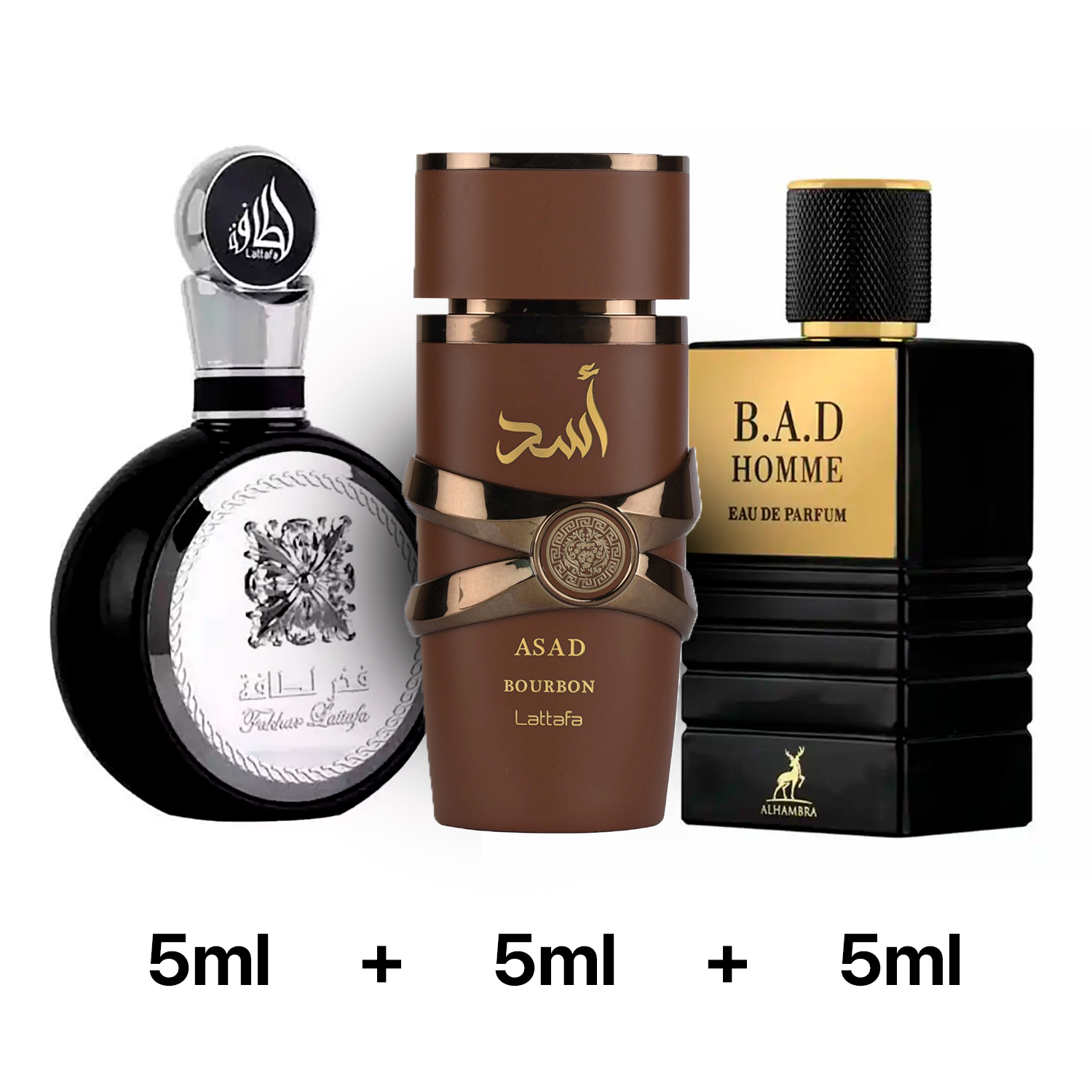 Kit 3 decantes 5ml: Asad Bourbon + Bad Homme + Fakhar Black